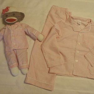 Pink Gingham 2T-3T Pajama set Matching Sock Monkey Toy New Sleepwear